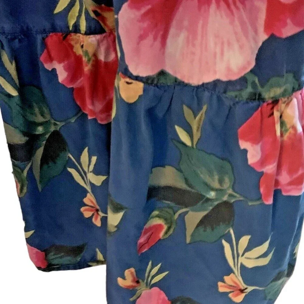 Vintage Ladies Mumu Dress w Pockets Tropical Floral MED Cotton Midi Blue w Pink - Picture 7 of 12